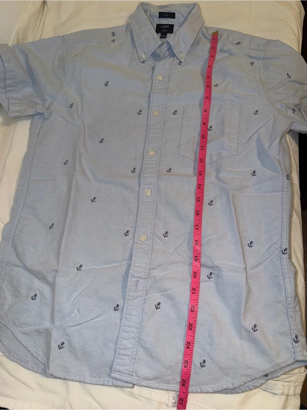 J. Crew Light Blue Short-Sleeve Button-Down with Navy Anchor Embroidery